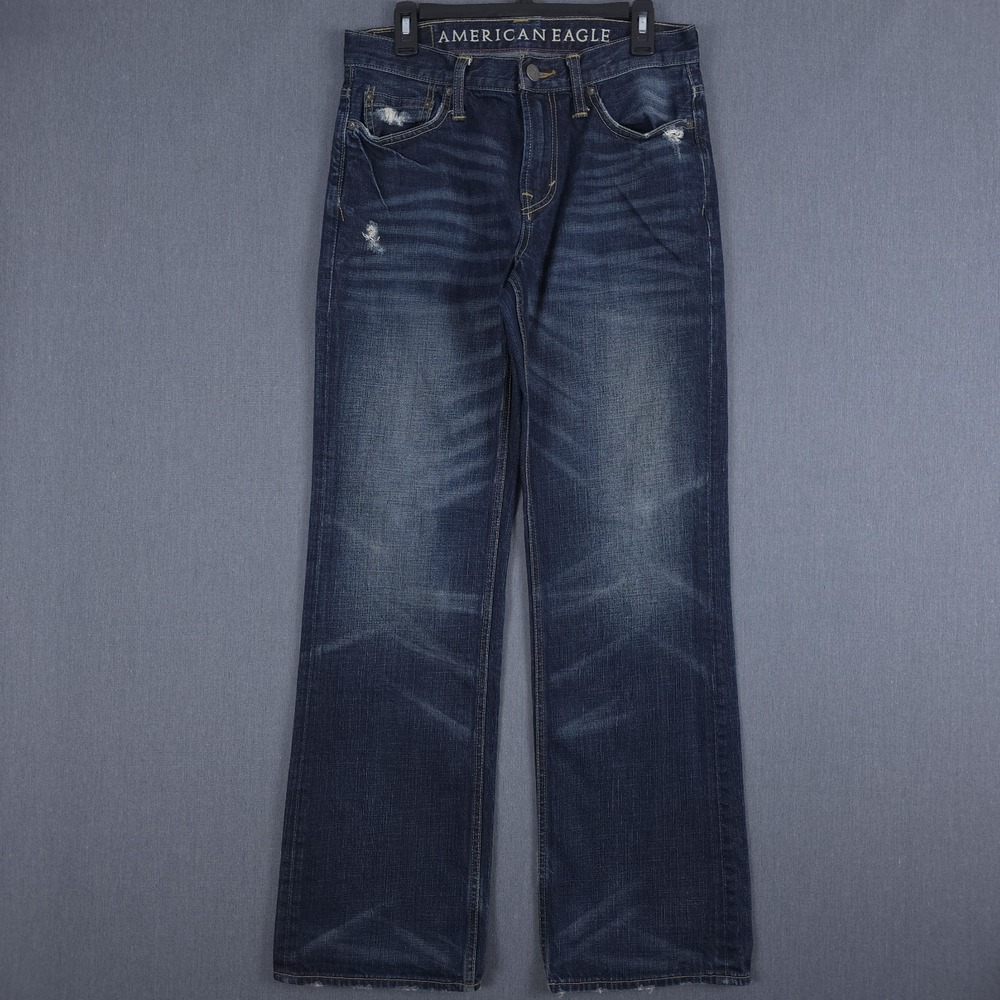 American Eagle Bootcut Jeans Mens 30x34 (Fits 31x33) Dark Wash Whiskered Denim